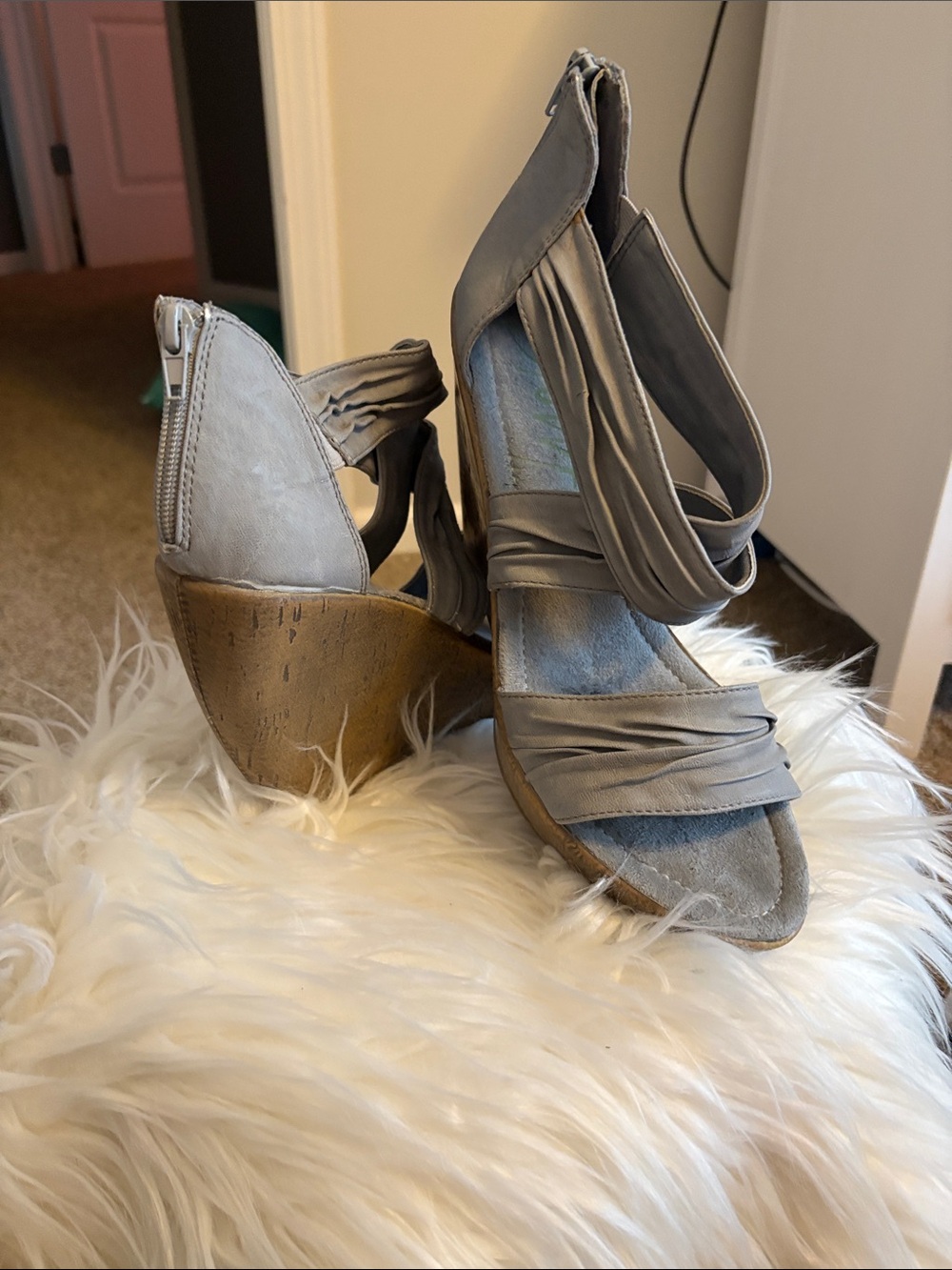 Blowfish Gray Strappy Wedge Sandals
